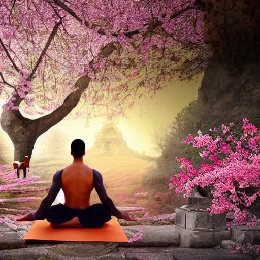 Image similar to a monk practicing yoga in front of a tibetean monastery on top of a mountain, under a cherry blossom tree, steampunk, detailed digital art