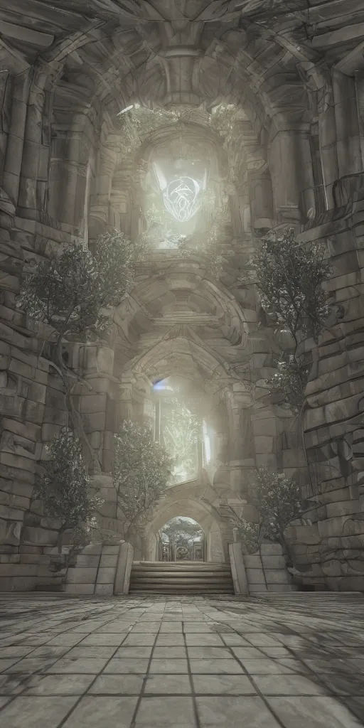 Image similar to entrance to ethereal realm, rendered in unreal engine, central composition, symmetrical composition midjourny