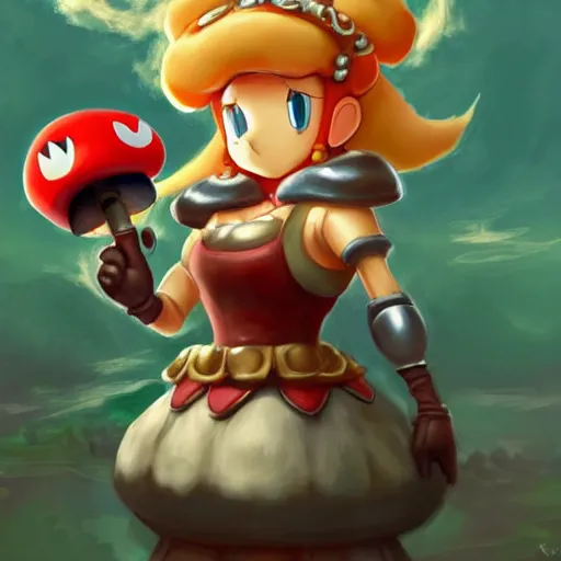 Prompt: princess peach holding a Mario mushroom made of earth and molten metal with heavy knight armor in the style of anime by Peter Mohrbacher, anime trending on artstation, HD, 4k,