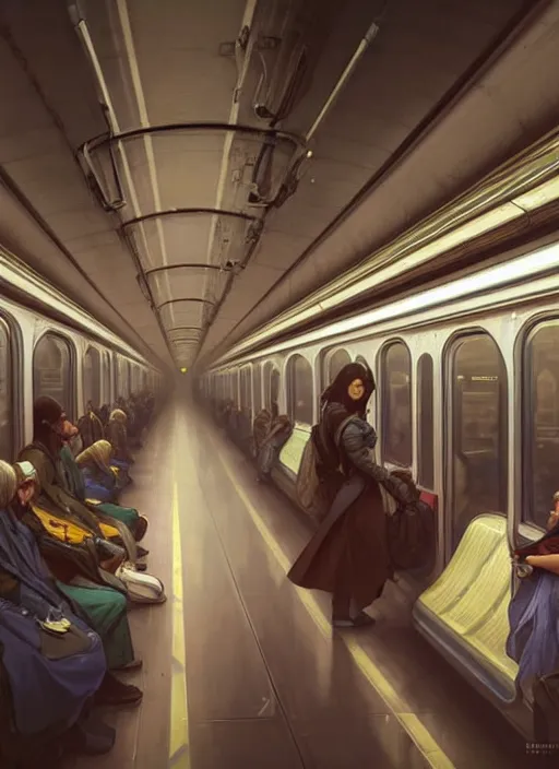 Image similar to perfectly - empty subway train interior, intricate, highly detailed, digital painting, artstation, concept art, smooth, sharp focus, illustration, unreal engine 5, 8 k, art by artgerm and greg rutkowski and alphonse mucha