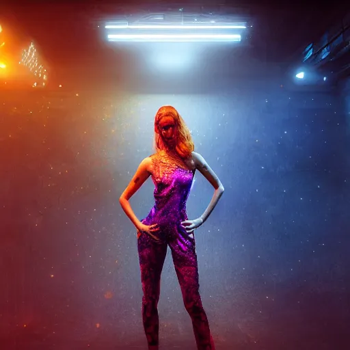 Image similar to full body pose, hyperrealistic photograph of a beautiful rave woman, jumpsuit, dim volumetric lighting, 8 k, octane beautifully detailed render, extremely hyper detailed, intricate, epic composition, cinematic lighting, masterpiece, trending on artstation, very very detailed, stunning, hdr, smooth, sharp focus, high resolution, award, winning photo, dslr, 5 0 mm