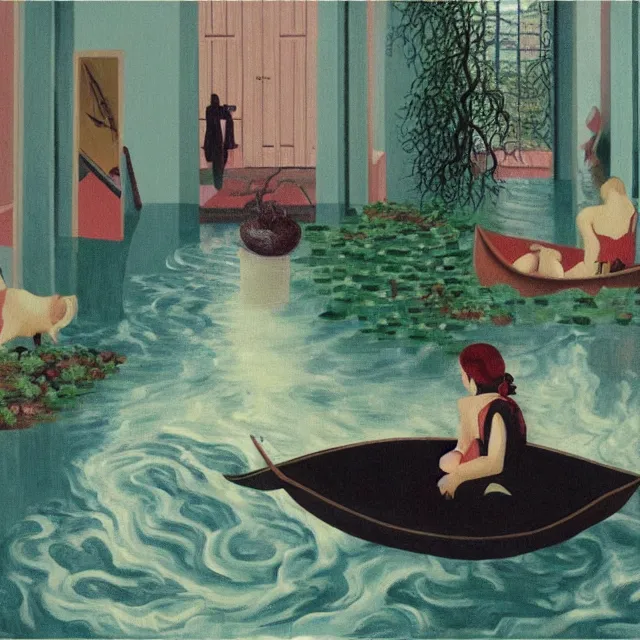 Image similar to painting of flood waters inside an apartment, tall female emo art student, a river flooding indoors, pomegranates, pigs, ikebana, water, river, rapids, waterfall, black swans, canoe, berries, acrylic on canvas, surrealist, by magritte and monet