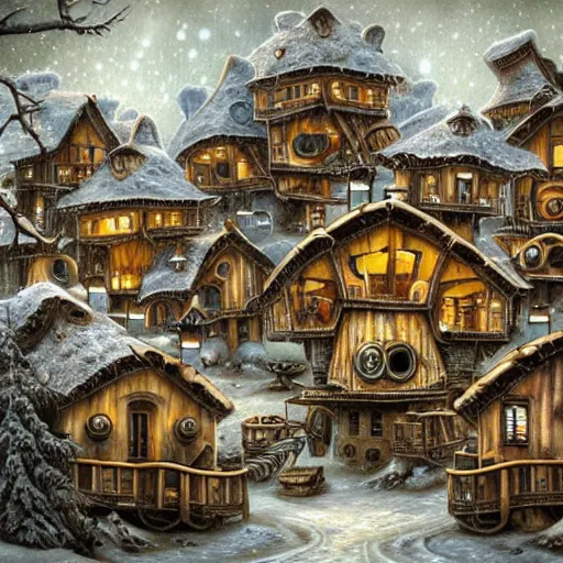 Prompt: a steampunk village built like a bie hive in a snowy forest , by Naoto Hattori,