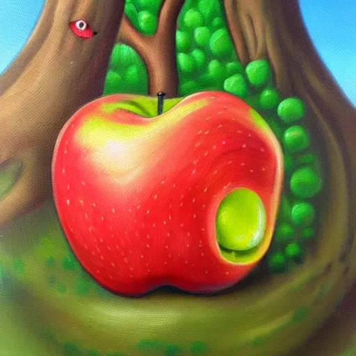 Image similar to anthropomorphized apples taking bites of tiny people that are growing on trees, oil painting, fantasy