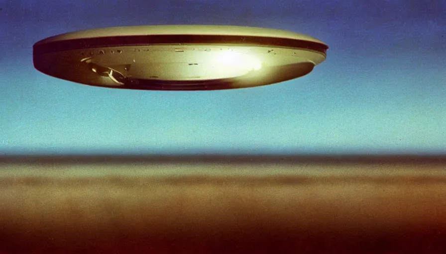 Image similar to 7 0 s film still of a ufo hovering above ocean, highly intricate, highly realistic, kodachrome, cinecolor, cinestill, photorealism, cinematic, film grain, film texture, vhs recording