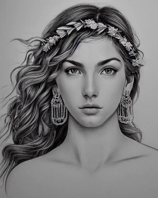 Image similar to pencil drawing of a beautiful greek goddess aphrodite wearing a laurel wreath and arrowhead earrings, beautiful confident eyes, beautiful flowing hair, hyper realistic face, in the style of artgerm, fantasy, amazing detail, epic, elegant, smooth, sharp focus, from the front, long shot