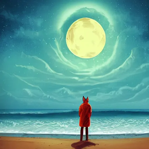 Prompt: long shot of a man with fox ears standing in the ocean, digital art, acrylic, detailed, glows, moonlight, bokeh, depth of field, colorful,