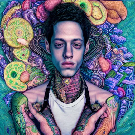 Image similar to portrait of pete davidson, hyper detailed masterpiece, neon floral pattern, jean giraud, digital art painting, darkwave goth aesthetic, psychedelic, artgerm, donato giancola and tom bagshaw