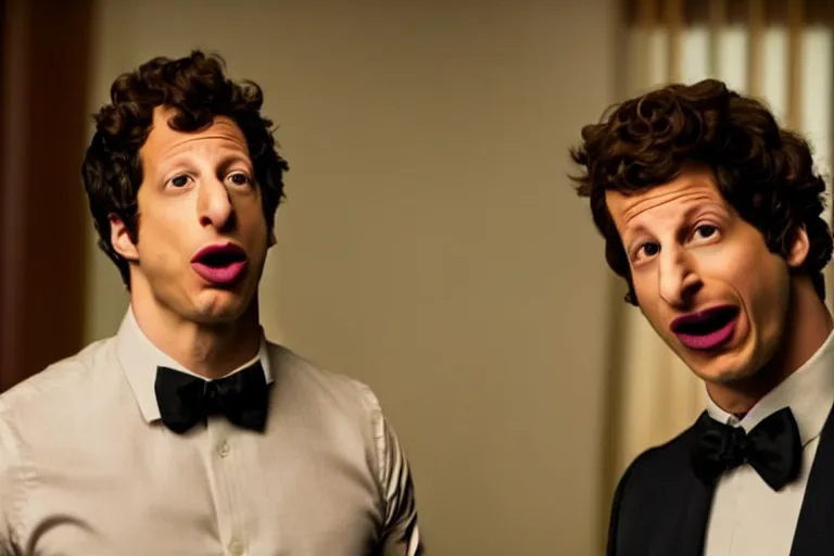 Image similar to a cinematic still of ((andy samberg)) astonished, masterpiece