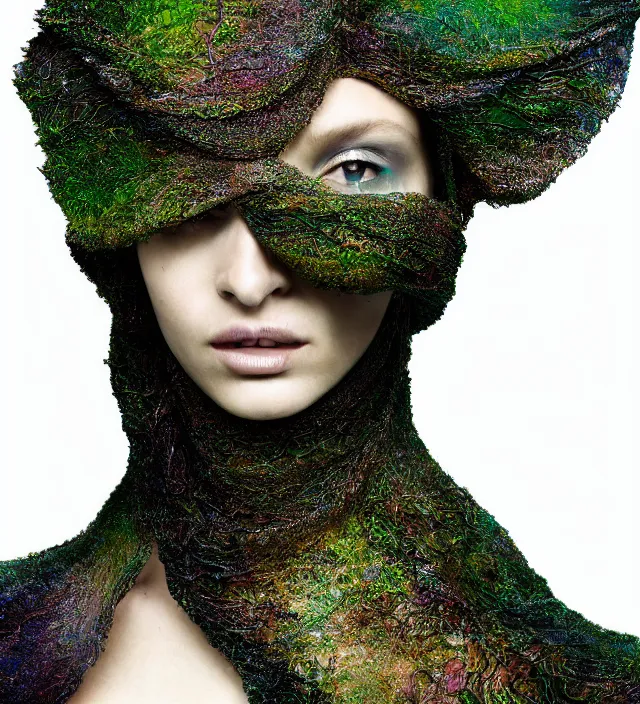 Image similar to photography face portrait of one female fashion model in rainforest, wearing one organic futurist shawl designed by iris van herpen,, creative colorfull - makeup, curly hair style half _ long, photography by paolo roversi nick knight, helmut newton, avedon, and araki, sky forest background, natural pose, highly detailed, skin grain detail