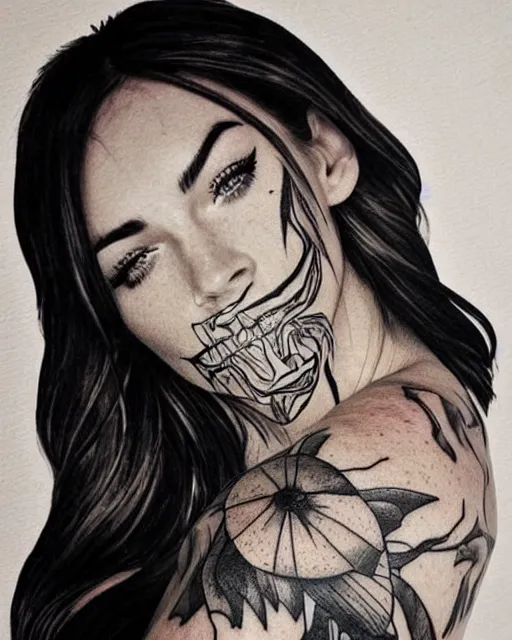 Prompt: megan fox face feded next to realistic mountain scenery, double exposure effect, medium sized tattoo sketch, amazing detail, trending on pinterest, in the style of brandon kidwell