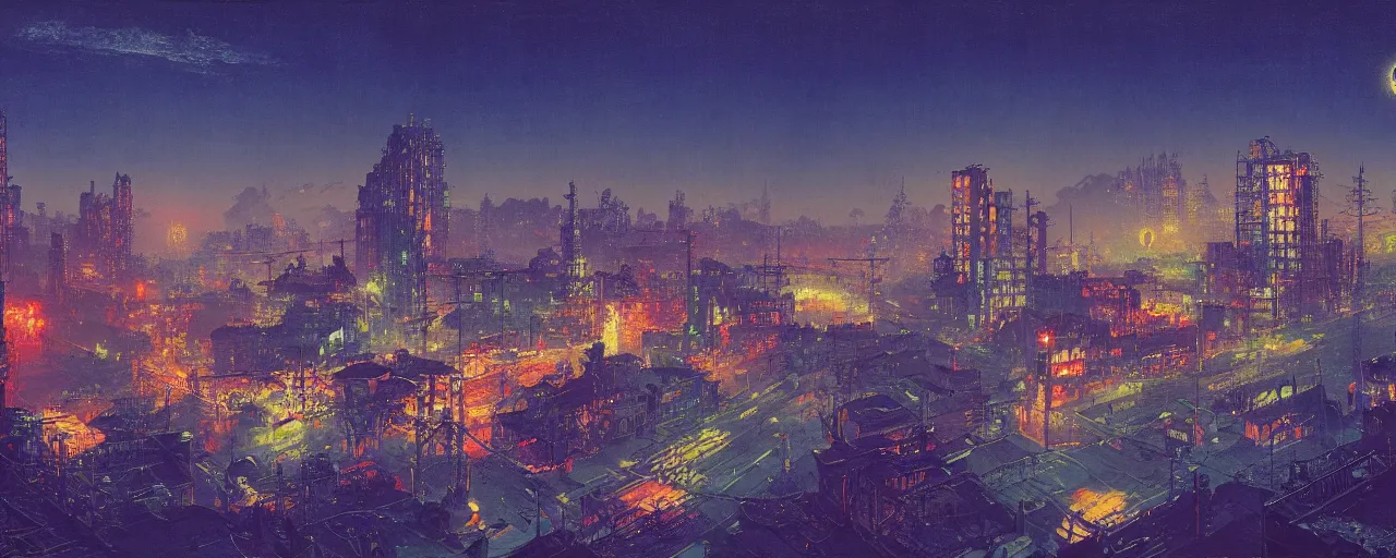 Prompt: awe inspiring bruce pennington cityscape, digital art painting of 1 9 6 0 s, antique japan at night, 4 k, matte