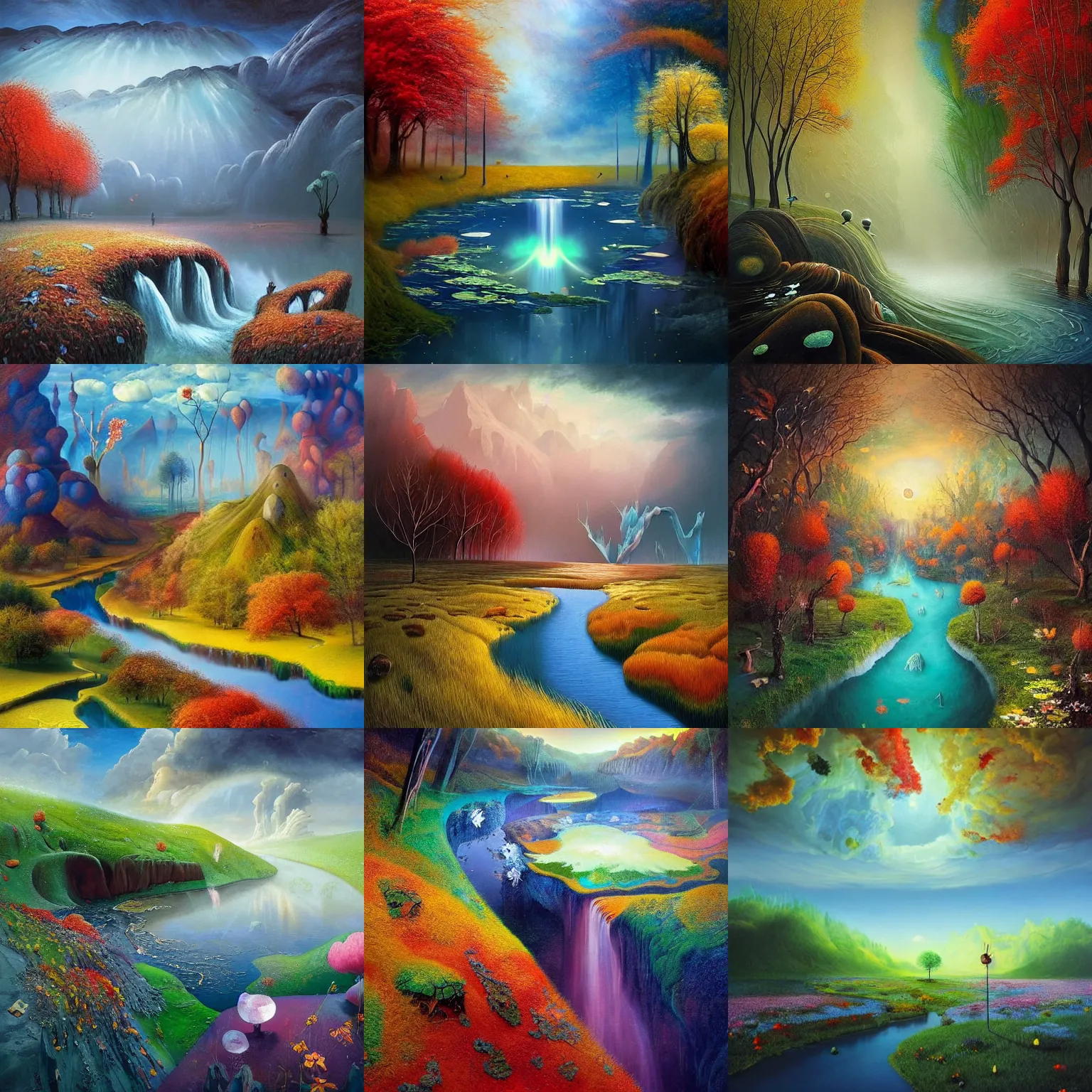 Prompt: a masterpiece matte painting of the four!! seasons on an alien! landscape, seasons!! : 🌸 ☀ 🍂 ❄, a river divides!!!, painted by gediminas pranckevicius, inspired by mimmo rotella, inspired by alberto seveso, quantum wavetracer, crepuscular rays, vray, cgsociety