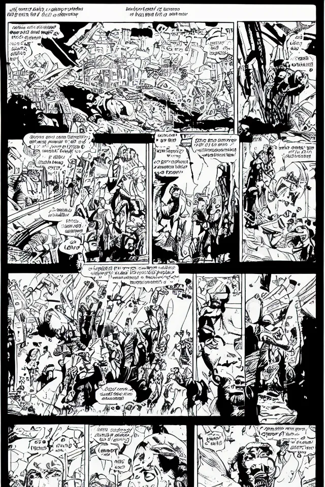 Image similar to comicpage with panels and speech balloon by Moebius showing the fall of the city of Babylon