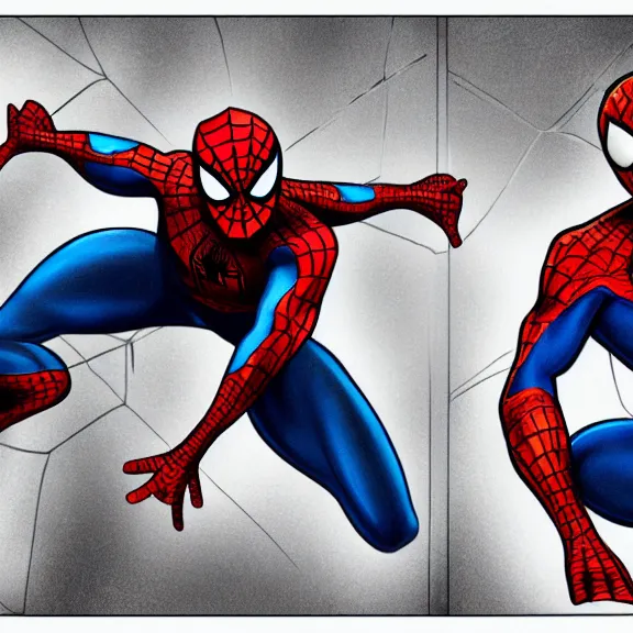 Image similar to two spiderman poiting at each other, cartoon, high resolution, surprise, drawing