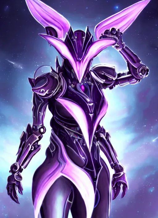 Prompt: detailed cinematic shot, cosmic sized perfectly proportioned stunning beautiful hot female warframe, detailed mecha female dragon head, metal ears purple eyes, sleek silver armor, fuschia leds, floating in empty space, nebula sized, holding a planet, epic proportions, epic size, epic scale, furry art, dragon art, giantess art, warframe fanart, furaffinity, deviantart