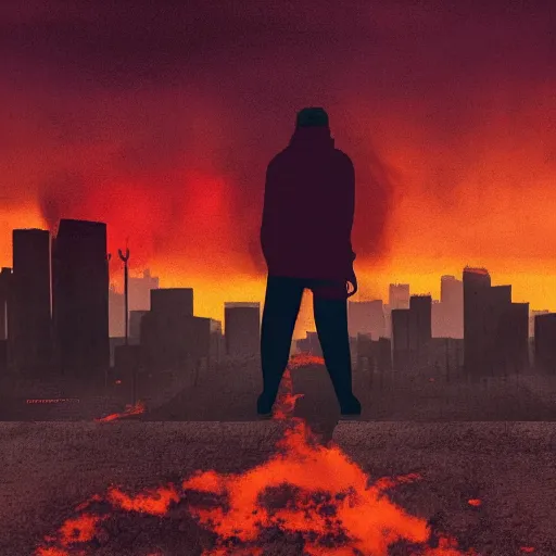 Image similar to man watching post apocalyptic city with burning red sky