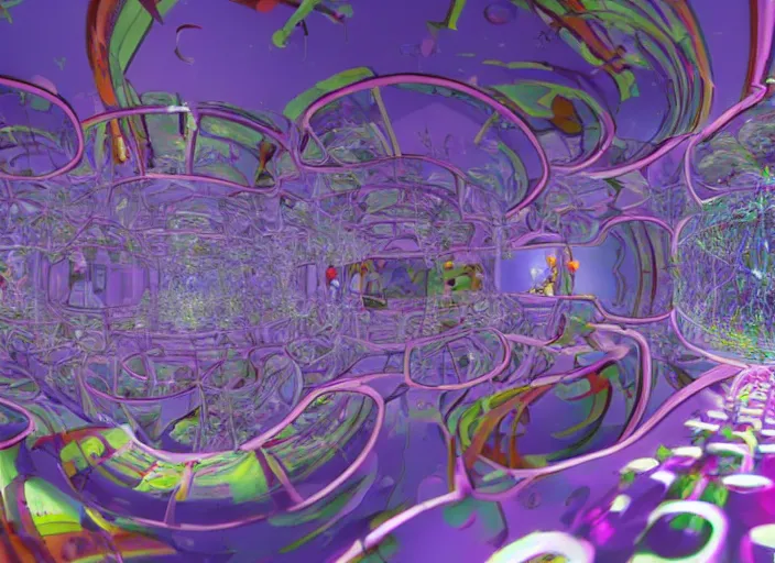 Image similar to a pixar alice from wonderland sitting on top of a non - euclidean infinite tunnel of evanescent hallucinatory images in endless mirrors that temporarily cling to a virtual node of experience called the self in an illusion called spacetime, hyperdetailed, octane render, nvidia raytracing demo