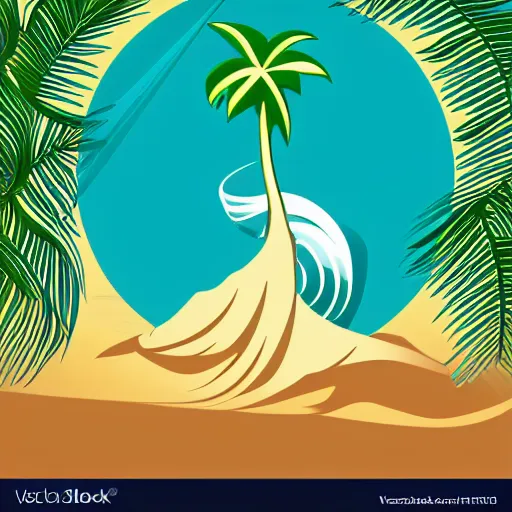 Prompt: waves in bottom front of a palm tree with a giant volleyball with seams in the background, vector logo, professional sports style, flat colour, svg, professional, sharp edges, olive green gray and white color palette