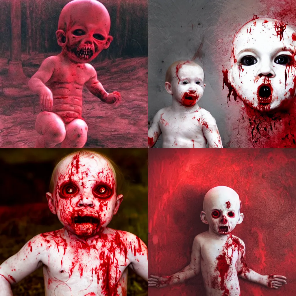 Prompt: pale demonic fetus, bloody and red, hellscape in background