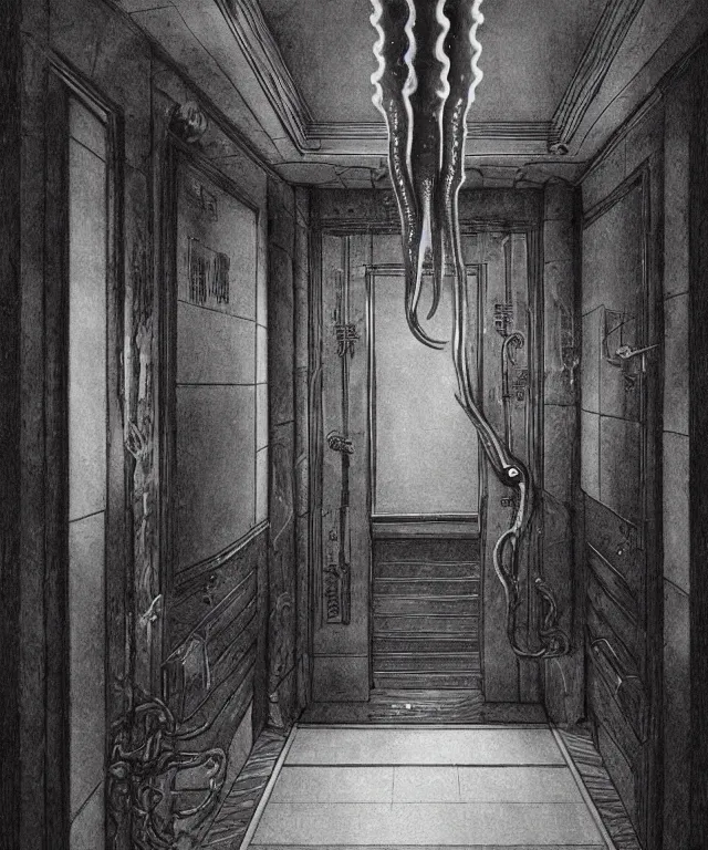 Image similar to horrifying photorealistic painting of a 1 9 2 5 hotel elevator lobby with teeth instead of elevator doors, opening sideways with a tentacle licking out, dark, atmospheric, brooding, smooth, finely detailed, cinematic, epic, lovecraft, in the style of larry elmore