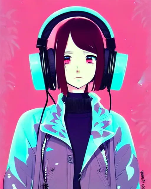 Image similar to girl wearing headphones, city background, very anime!!! anime!! intricate details, pleasing pastel colors, poster background, art by conrad roset and ilya kuvshinov