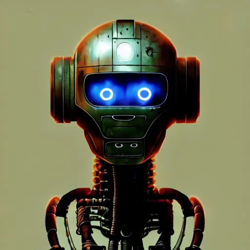 Image similar to detailed concept art of a diesel punk robot in an empty room in a muted color palette, trending on artstation, award - winning video game concept art by jim burns and greg rutkowski, beksinski, a sci - fi concept art masterpiece, james gilleard, bruegel, alphonse mucha, and yoshitaka amano.