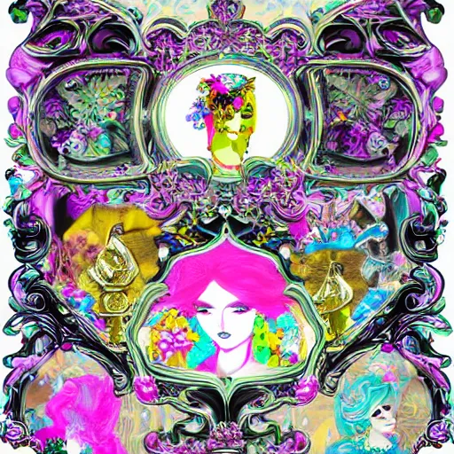 Image similar to maximalist pastel goth baroque decora jester themed colorful cmyk royalty ornamental maximalism early computer graphics frames for sale, artistic creativity