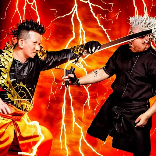 Prompt: Dramatic artistic photo of Samurai Gordon Ramsay having a sword fight with Samurai Guy Fieri, lightning in background, raining, dark, intense, anime fight, realistic, hyperrealistic