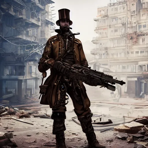 Prompt: detailed steampunk soldier with carrying a steampunk-cyberpunk energy rifle in his arms, standing in front of a dilapidated advanced city with citizens walking, 4k, Unreal Engine, octane render