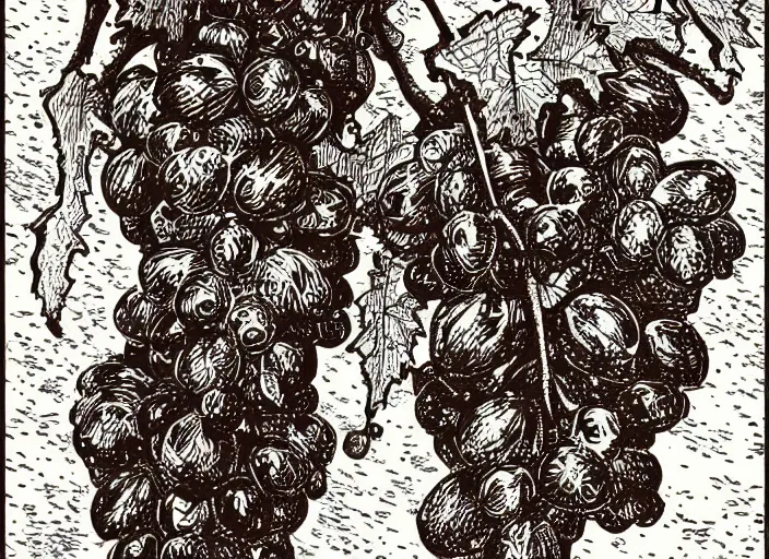 Prompt: vector graphic, linocut grapes by greg rutkowski and thomas kinkade, fine details, highly detailed