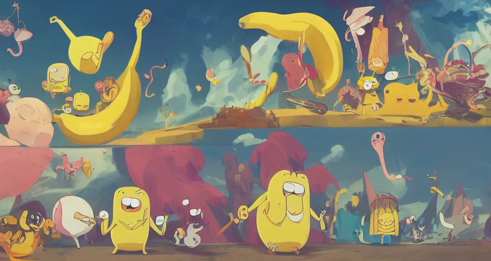 Image similar to portrait photography of cartoon bananas with wings and beaks, swimming in ice cream, in the style of adventure time, the amazing world of gumball, pixar, toki doki, greg rutkowski and makoto shinkai, trending on artstation