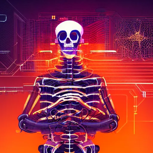 Prompt: cyberpunk skeleton with headphones playing synthesizer, honeycomb structure, smokey lights, lasers, highly detailed, realistic, dusty, technology and magic,