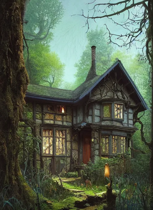 Image similar to hyper realistic homely ornate modern witch cottage far away in the woods gorgeous lighting, blue sky, highly detailed, lush forest by zdzisław beksinski and norman rockwell and greg rutkowskiweta studio, and lucasfilm