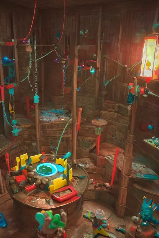 Prompt: render of fisher price torture dungeon with plastic torture devises, long shot, cinematography by wes anderson, 4 k octane render, intricate detail, photorealistic, cinematic lighting, artstation