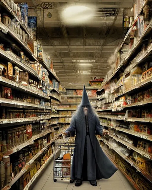 Image similar to gandalf wearing a wizard hat, stacking supermarket shelves craig mullins, cinematic lighting, gloomy