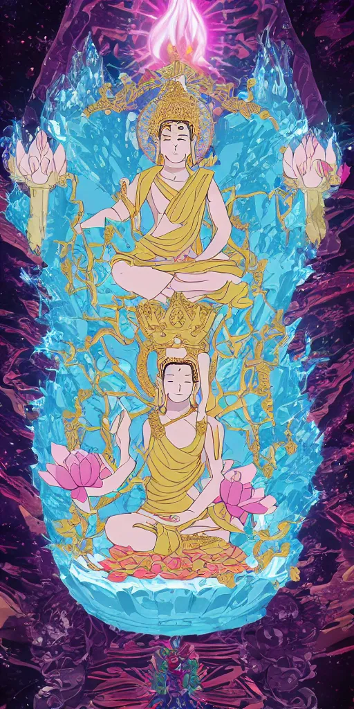 Image similar to buddha sitting on a throne of ice surrounded by lotus flowers drawn by studio trigger, in the style of Little Witch Academia, spiritual enlightenment, tarot card, Tarot card the Hierophant,