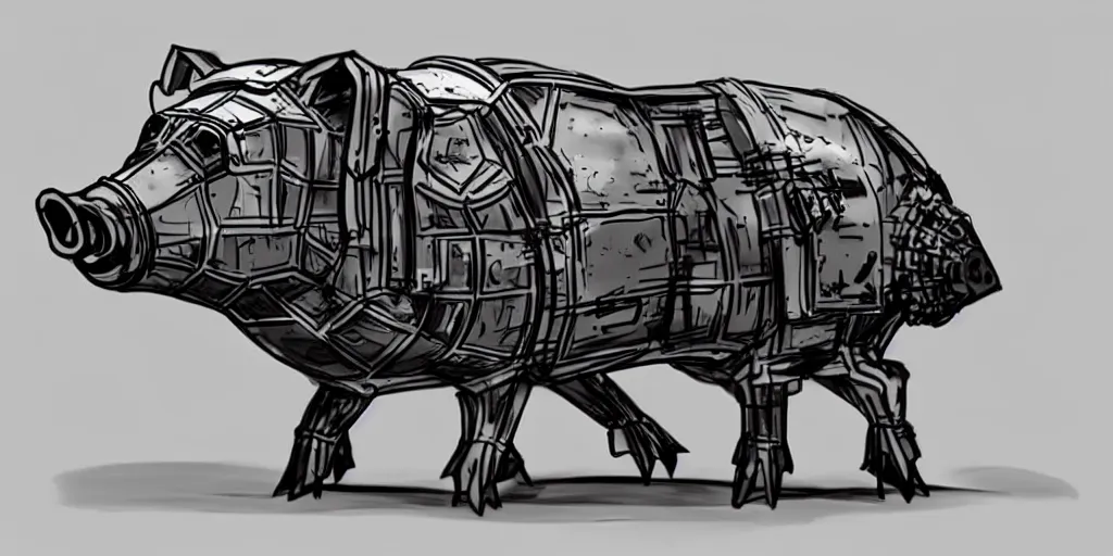 Image similar to concept art for a strong mechanized metal pig machine