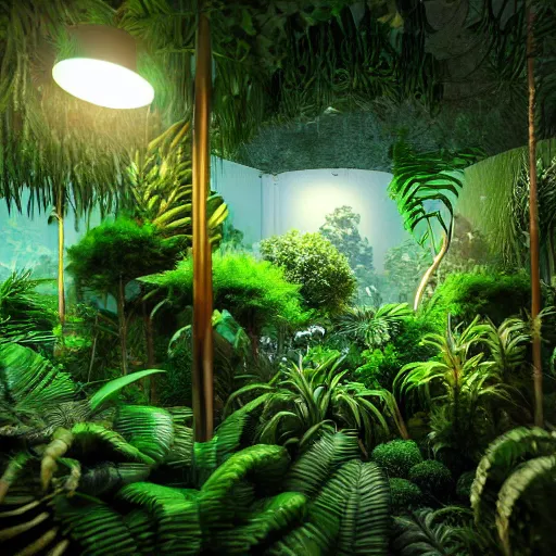 Image similar to « detailed, low luminosity jungle, far view, luminescent plants »