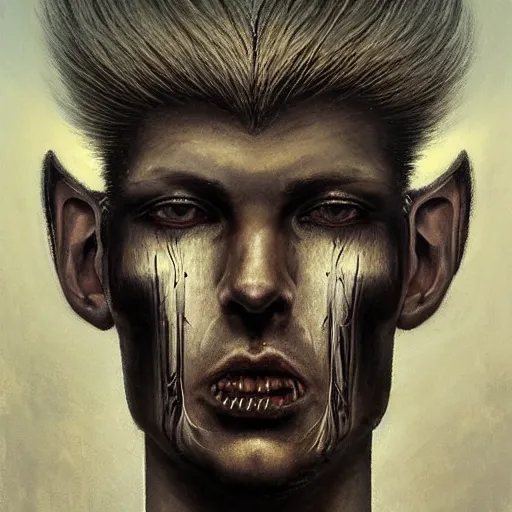 Prompt: surreal portrait of a man by Greg Rutkowski and H.R Giger, symmetrical face, he is about 30 years old, west slav features, short blonde hair with bangs, attractive, smart looking, slim, somewhat androgenic, transformed into a kind of biomechanical transhuman angel, disturbing, terrifying but fascinating, with a determined and sinister expression on his face, cosmic void background, frightening, fascinating, highly detailed portrait, digital painting, book cover, artstation, concept art, smooth, sharp foccus ilustration, Artstation HQ
