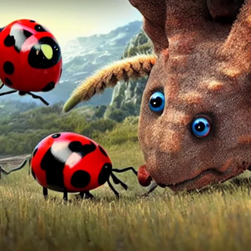 Image similar to promotional movie still, ladybugs, ladybug quadruped with big piercing eyes, ladybug hobbits, ladybug robots, space western, the fellowship of the ring ( film ), 3 d render