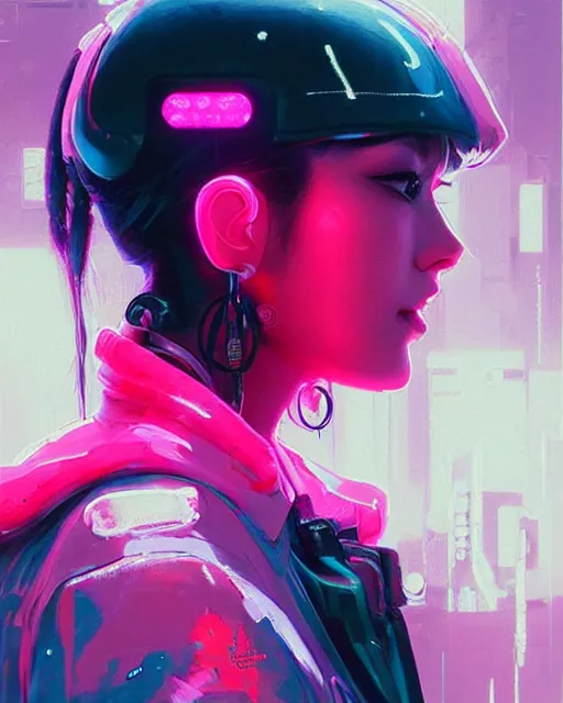 Image similar to detailed side profile portrait Neon Operator Girl, cyberpunk futuristic neon, reflective puffy coat, decorated with traditional Japanese ornaments by Ismail inceoglu dragan bibin hans thoma greg rutkowski Alexandros Pyromallis Nekro Rene Maritte Illustrated, Perfect face, fine details, realistic shaded, fine-face, pretty face