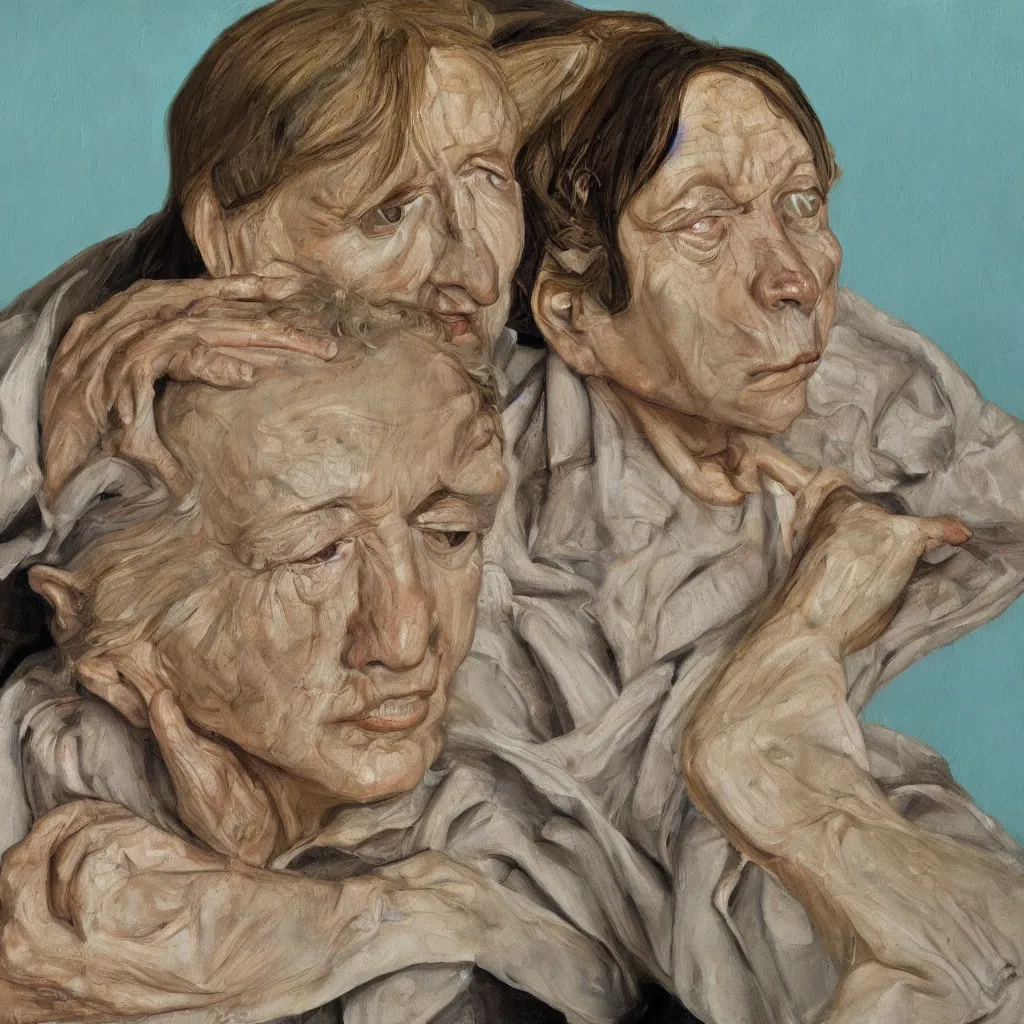 Prompt: high quality high detail painting by lucian freud, jenny savile, unsettling portrait, cream and turquoise, hd