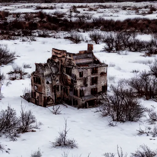 Prompt: a distorted post-apocalyptic landscape with a singular iron-made 10-foor house near the frozen lake hd 8k photo