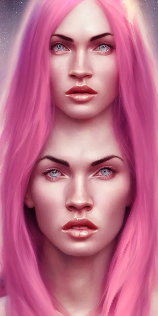 Image similar to Portrait of a beautiful pale skin Nordic female megan fox with long pink hair, elegant, photorealistic, highly detailed, artstation, smooth, sharp focus, gold ornaments, neon lighting, sci-fi, art by Klimt