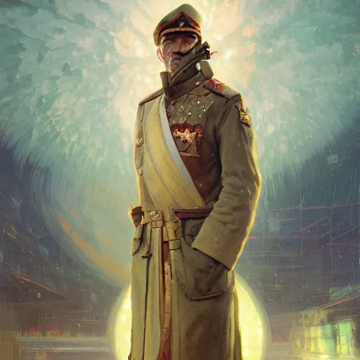 Prompt: A soviet officer wearing long flowing robes in front of a magical gateway to another universe, illustration by greg rutkowski, thomas kindkade, alphonse mucha, loish, norman rockwell, artstation