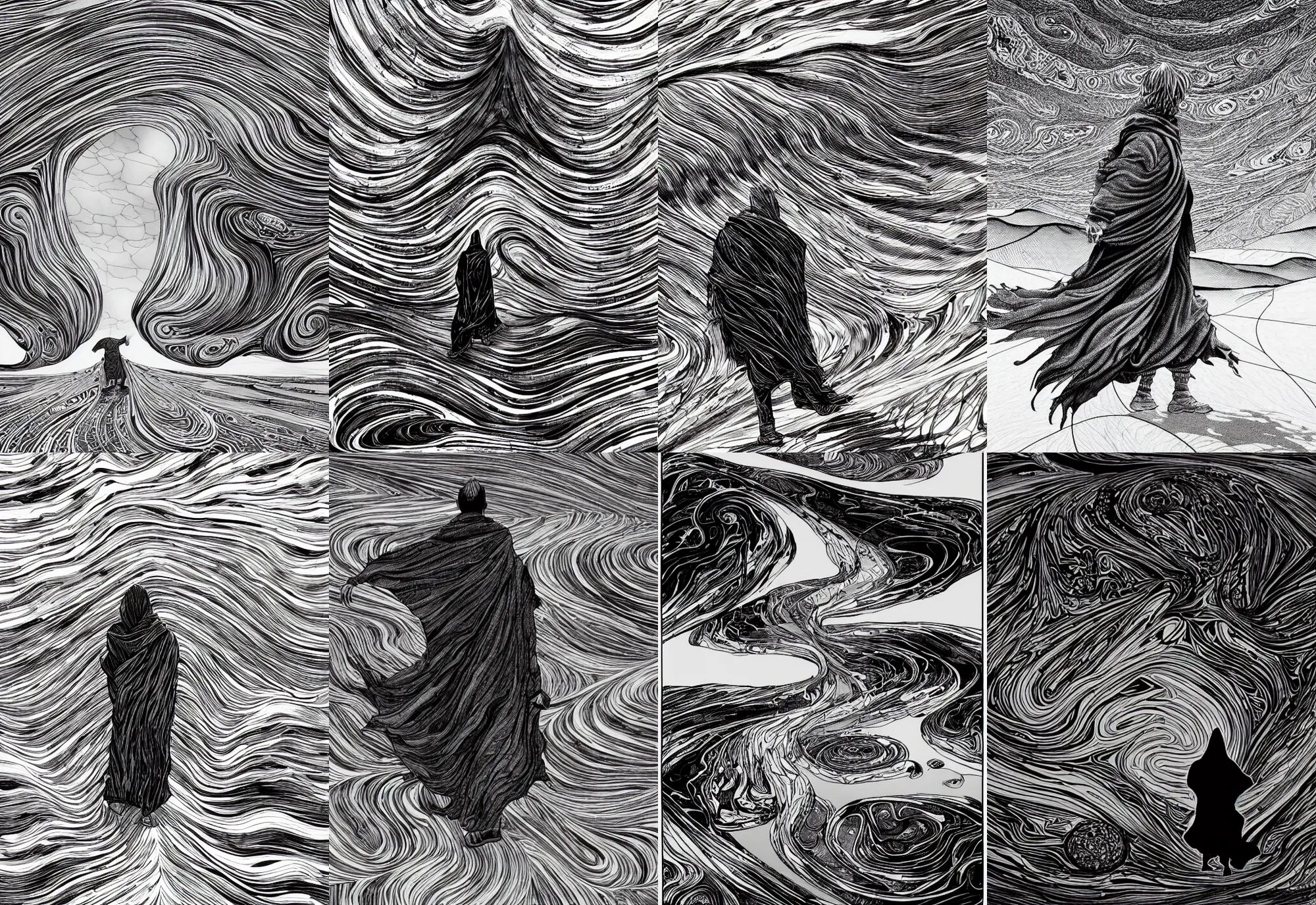 Prompt: a man in a cloak walking on a desertic and crackled landscape, swirly clouds, art by aaron horkey and moebius, black and white ink, high details, cinematic, cgsociety 8 k