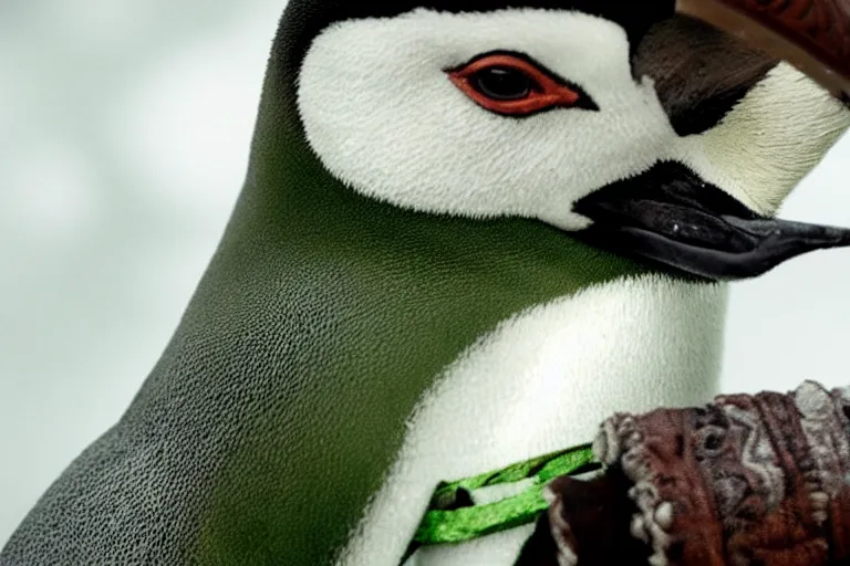 Image similar to vfx movie scene closeup penguin in ancient armor holding a katana in a green arctic. by emmanuel lubezki