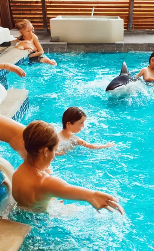 Prompt: a family swimming pool at a spa, in the water is a shark trying to attack the people