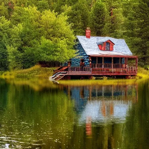 Prompt: Photograph of a cabin by a lake in the style of Thomas Kincaid